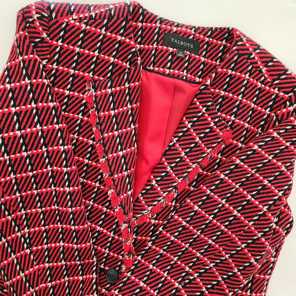 Talbots Womens Red Black White Plaid Tweed Fringe Trim‎ Blazer Jacket size 12